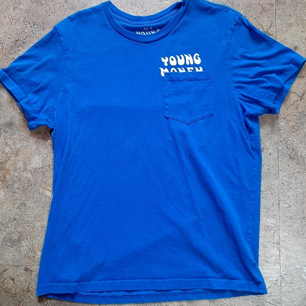 AE X Young Money American Eagle Short Sleeve Shirt Pocket Blue Men's Large Rap T